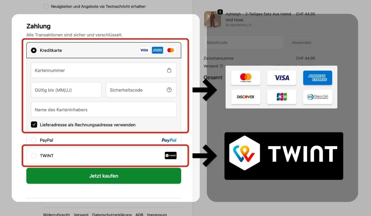 Comparison of payment methods in Switzerland for Shopify — fees, risk and conversion